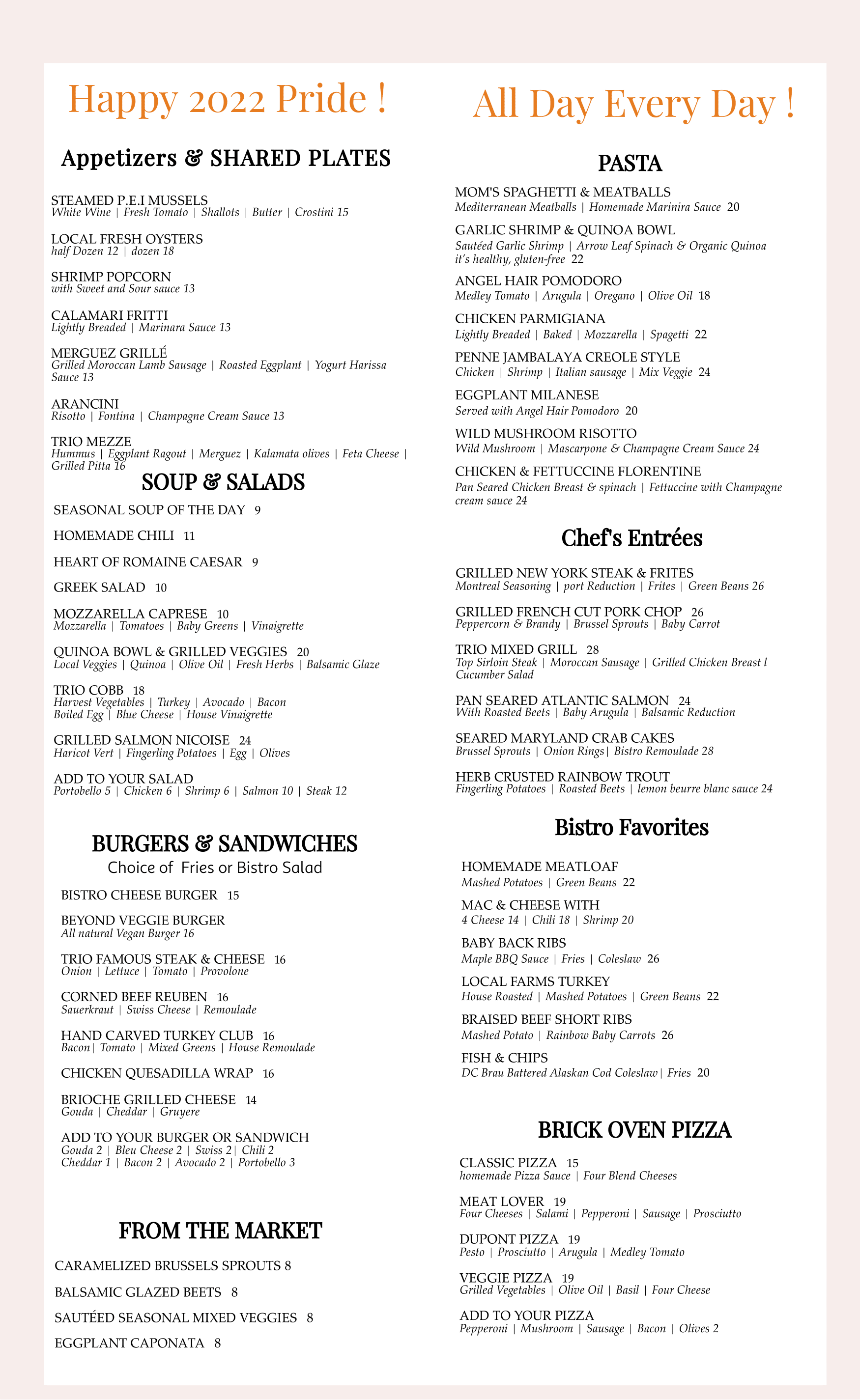 Pride All day Menu 2022 fox and hounds lounge